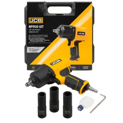 Llave de impacto neumática JCB 1/2" 1450 Nm con kit de 3 vasos Cr-Mo en estuche rígido.