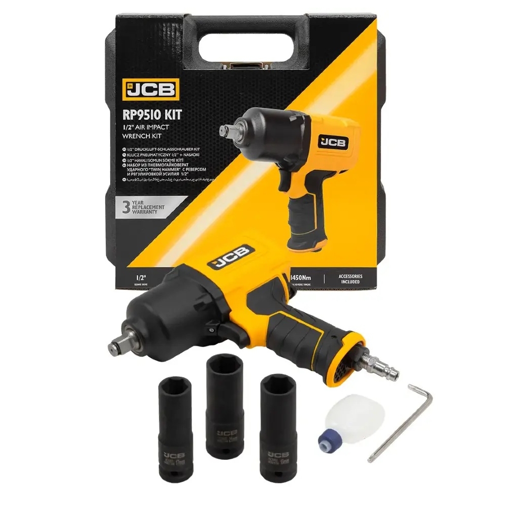 Llave de impacto neumática JCB 1/2" 1450 Nm con kit de 3 vasos Cr-Mo en estuche rígido.