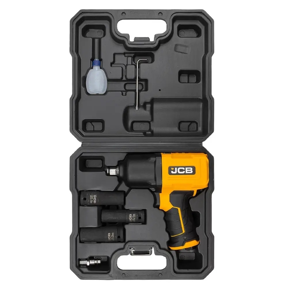 Kit JCB Pistola de impacto neumática 1/2 con vasos 17, 19, 21 mm y accesorios incluidos.
