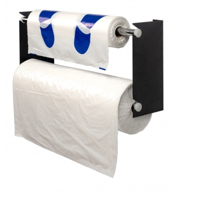 Soporte doble metálico con rollos de fundas y alfombrillas instalados (no incluídas).