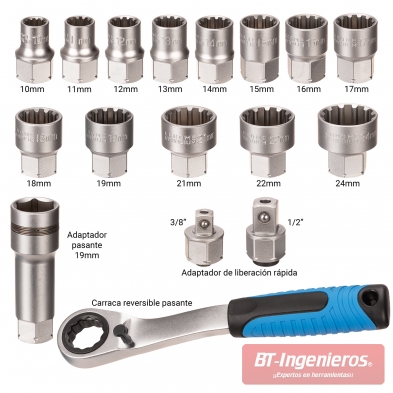 Contenido del juego de vasos pasantes: medidas 10 a 24 mm, adaptadores 3/8 y 1/2, extensión