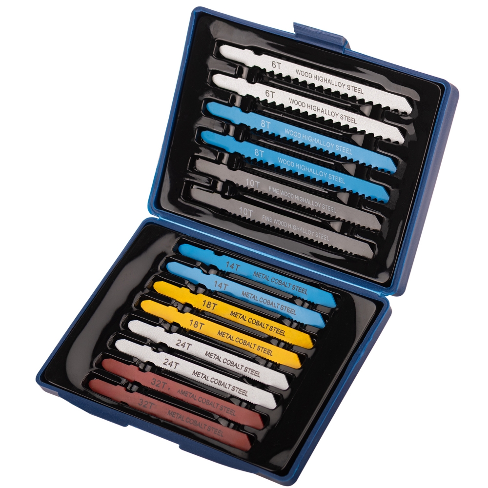 Juego completo de 14 hojas de sierra de calar T-Shank en estuche rígido