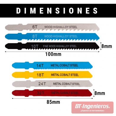 Dimensiones hojas de sierra de calar 6T 8T 10T 14T 18T 24T 32T