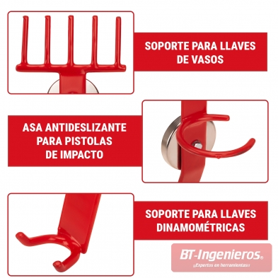 Zonas de uso del soporte magnético: vasos, pistola de impacto y llave dinamométrica