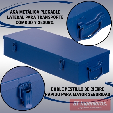 Caja metálica azul para vasos de impacto con pestillos de cierre rápido y asa lateral