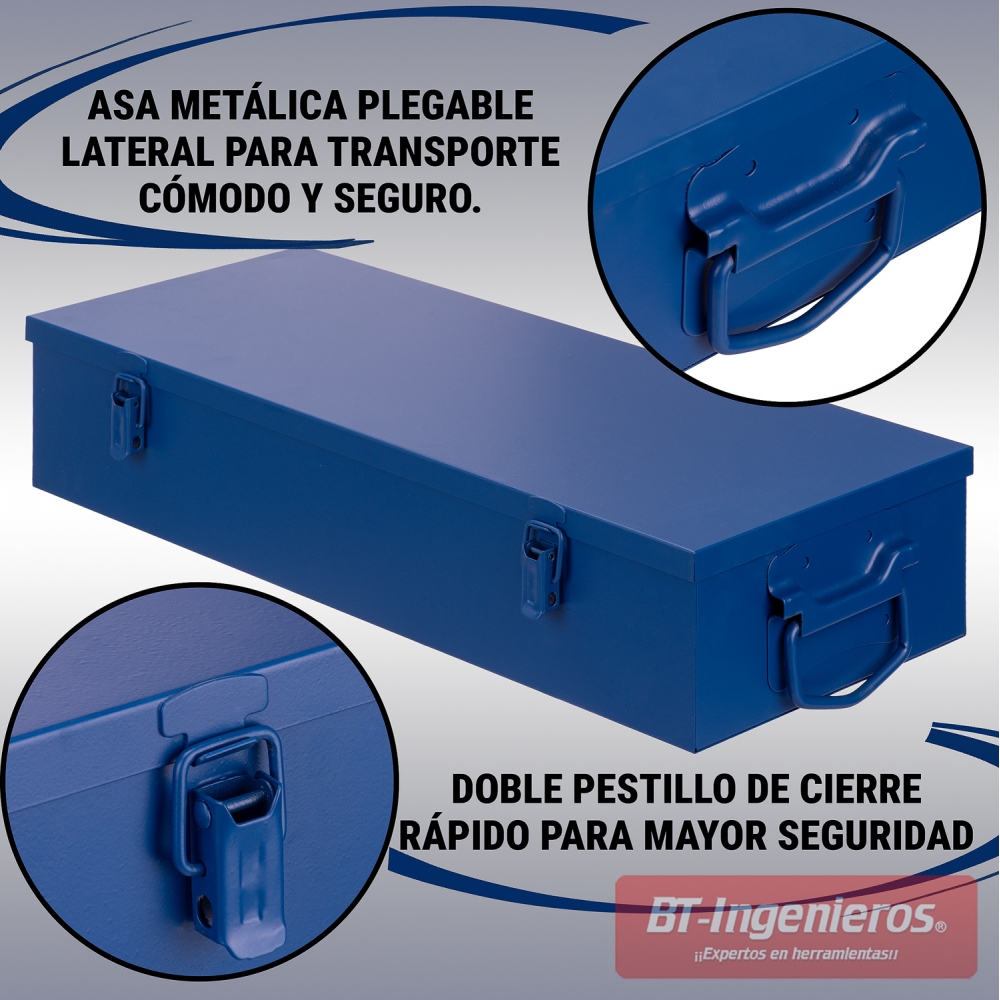 Caja metálica azul para vasos de impacto con pestillos de cierre rápido y asa lateral