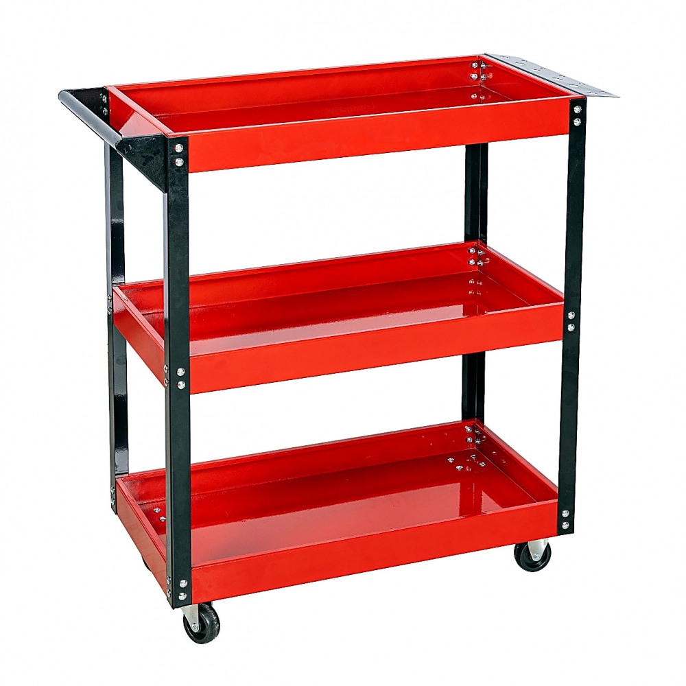 Carro de herramientas rojo con 3 bandejas y ruedas giratorias – vista lateral