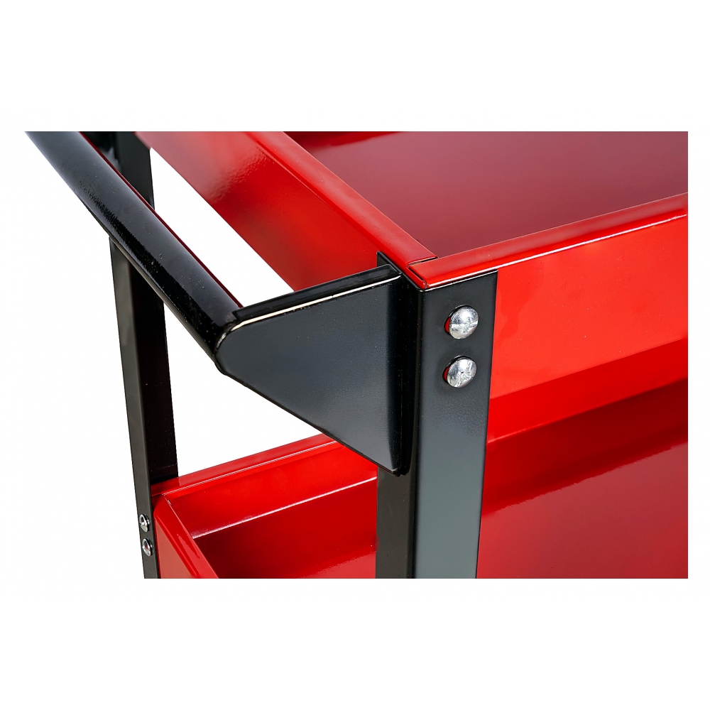 Detalle de la bandeja superior del carro de herramientas con soporte lateral.