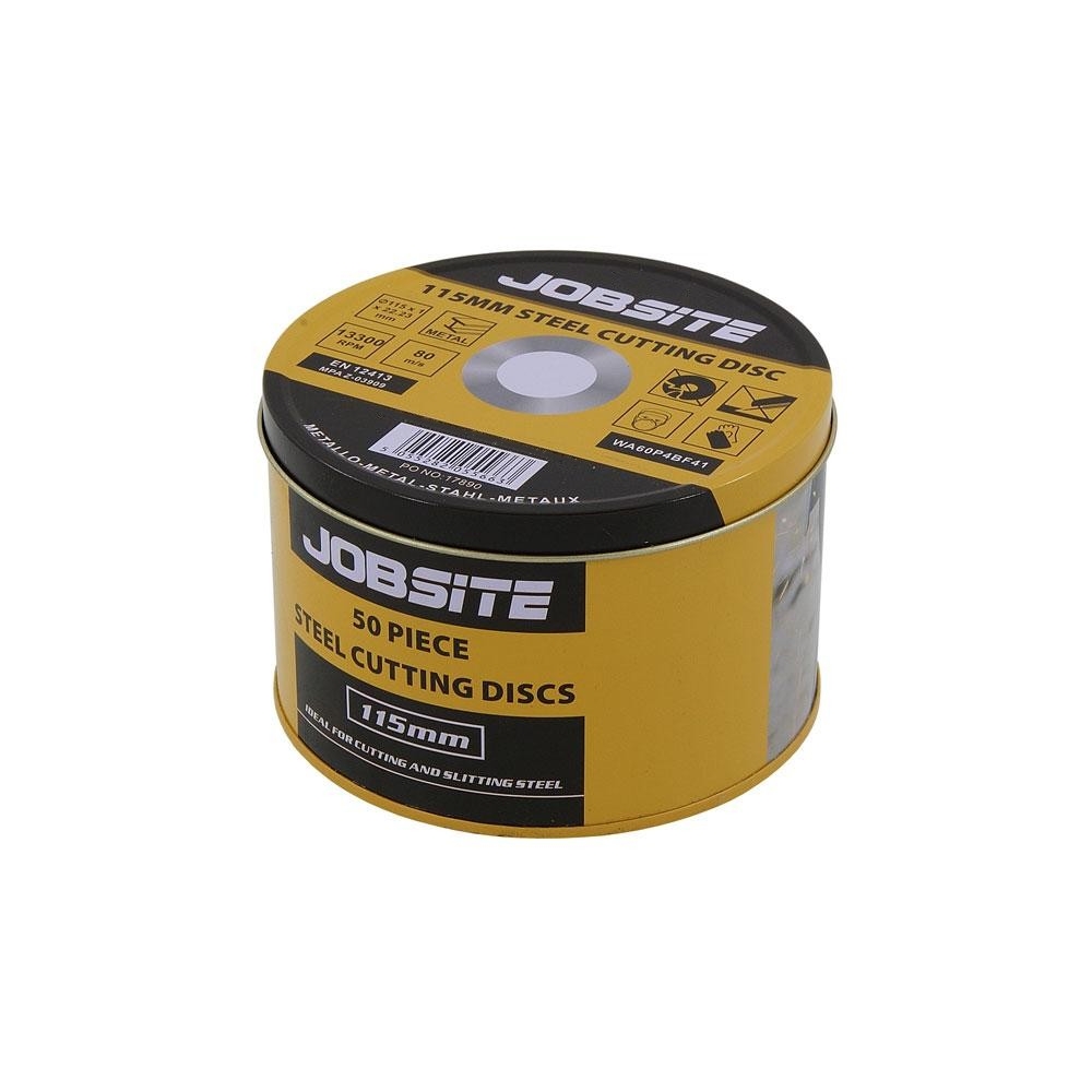 Pack de 50 discos de corte 115x1 mm para acero en lata protectora.