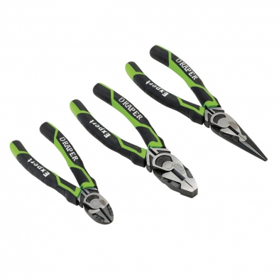 Set de alicates Draper Expert de corte 160 mm, universal 180 mm & punta larga 200 mm. Color verde.