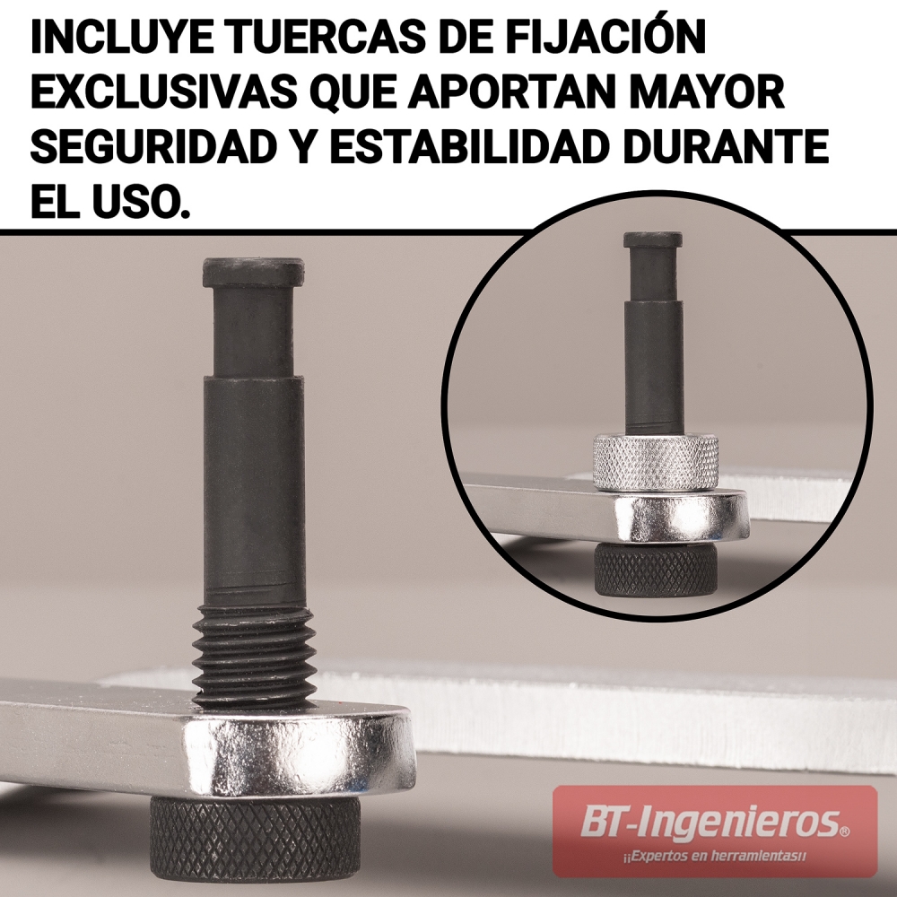 Imagen promocional destacando tuercas de fijación exclusivas del set
