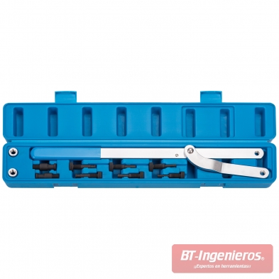 Estuche rígido azul con llave sujeta poleas universal y accesorios