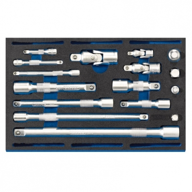 Set extensiones y adaptadores Draper Expert 1/4–3/8–1/2 con juntas universales en bandeja EVA
