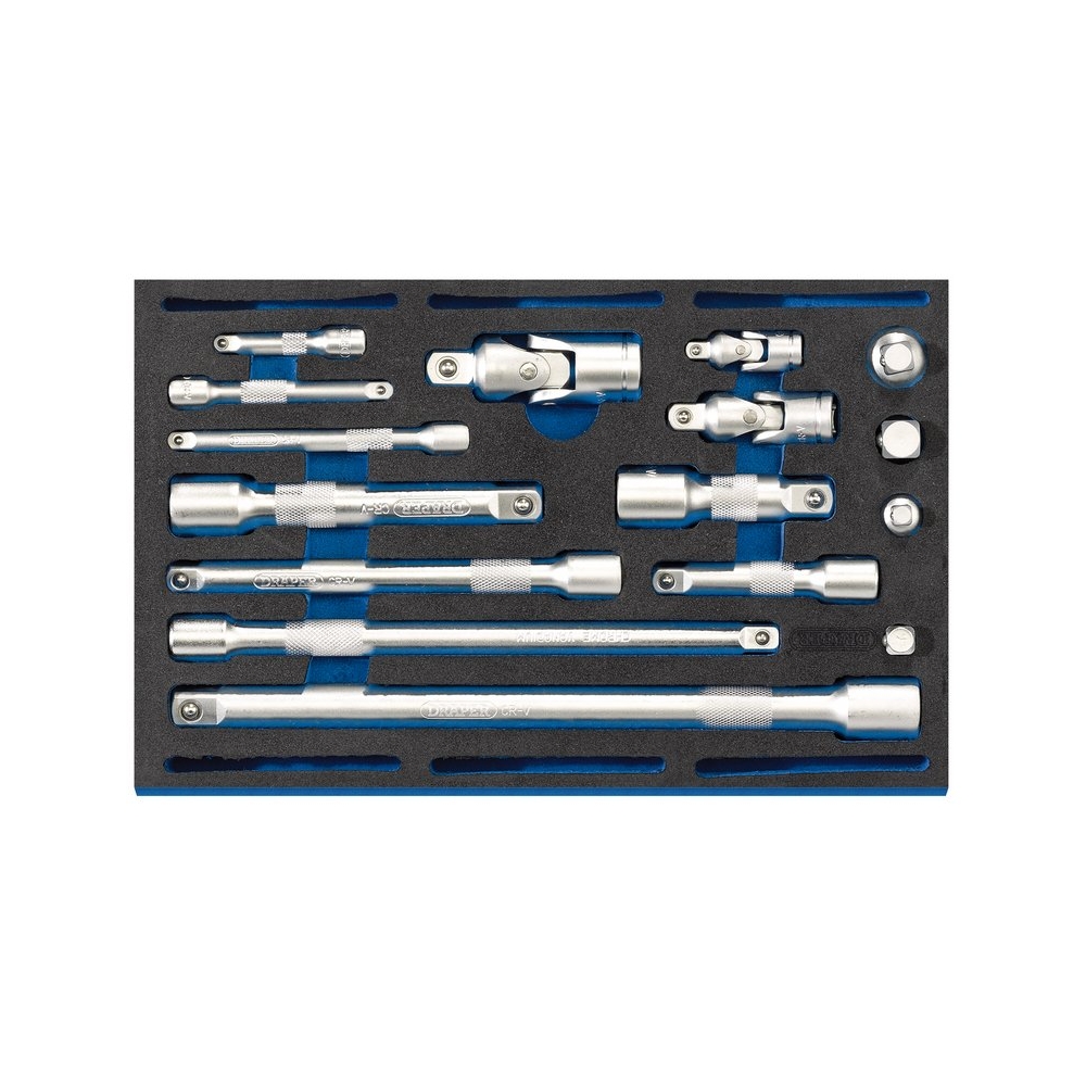 Set extensiones y adaptadores Draper Expert 1/4–3/8–1/2 con juntas universales en bandeja EVA