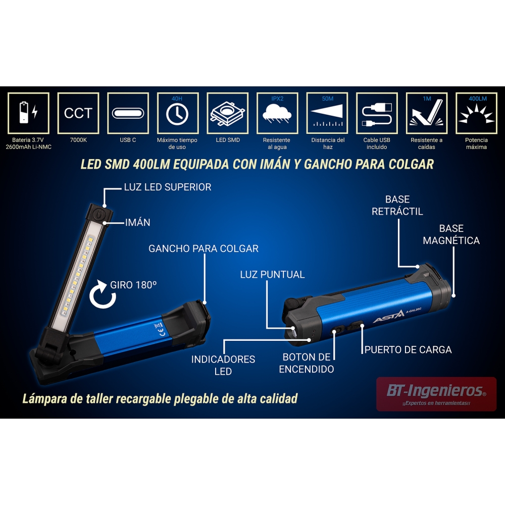 Diagrama informativo de lámpara LED COB con imán y gancho retráctil