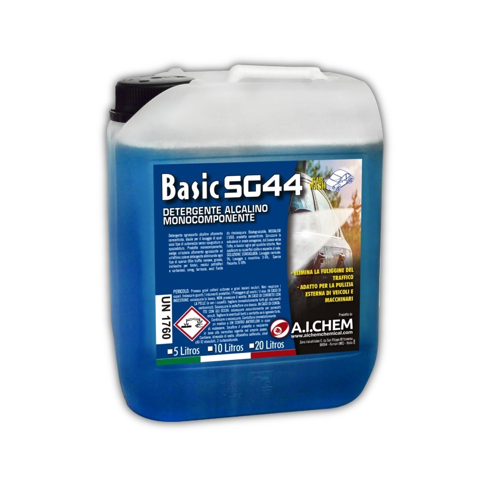 Garrafa 5 L de desengrasante alcalino SG44 Basic A.I.CHEM, detergente concentrado para lavado de carrocerías e industria.