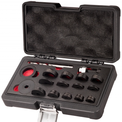 Juego de fresas para sensores de aparcamiento PDC 17–32 mm con broca guía y estuche EVA.