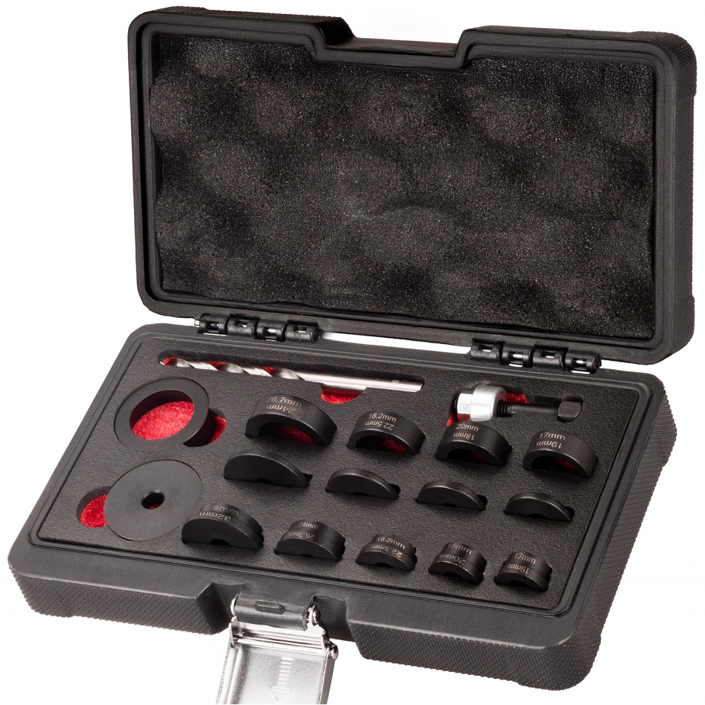 Juego de fresas para sensores de aparcamiento PDC 17–32 mm con broca guía y estuche EVA.