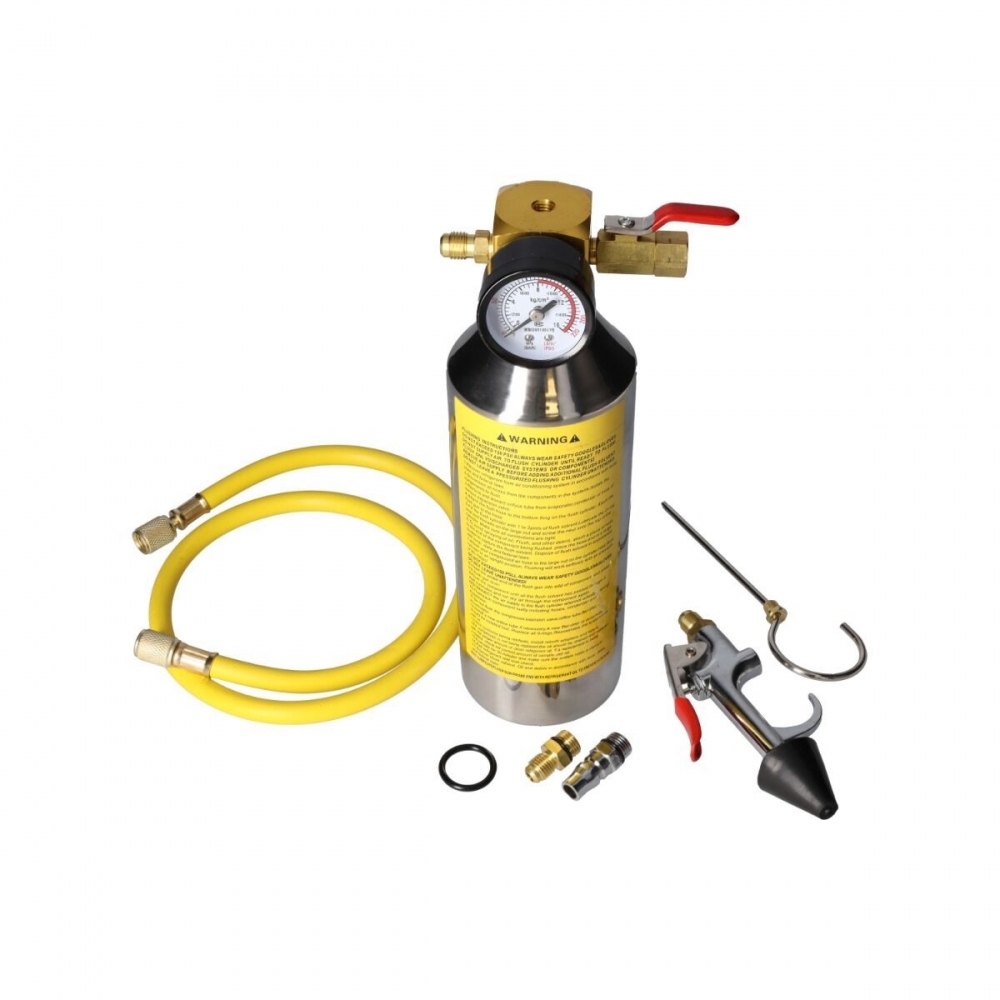 Kit completo de limpieza de circuito A/C con pistola, adaptadores y gancho de suspensión.