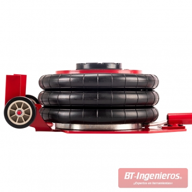 Elevador neumático 3T con sistema de tres bolsas y estructura reforzada roja.