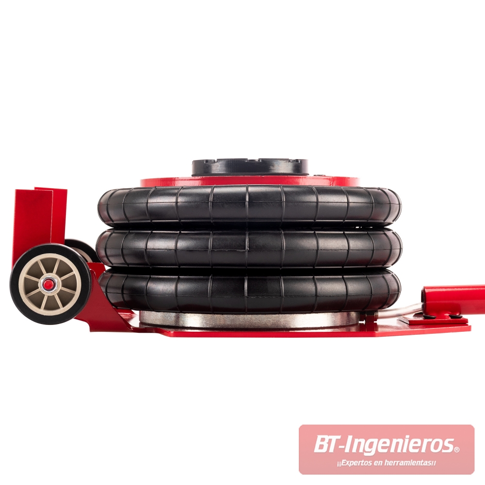 Elevador neumático 3T con sistema de tres bolsas y estructura reforzada roja.