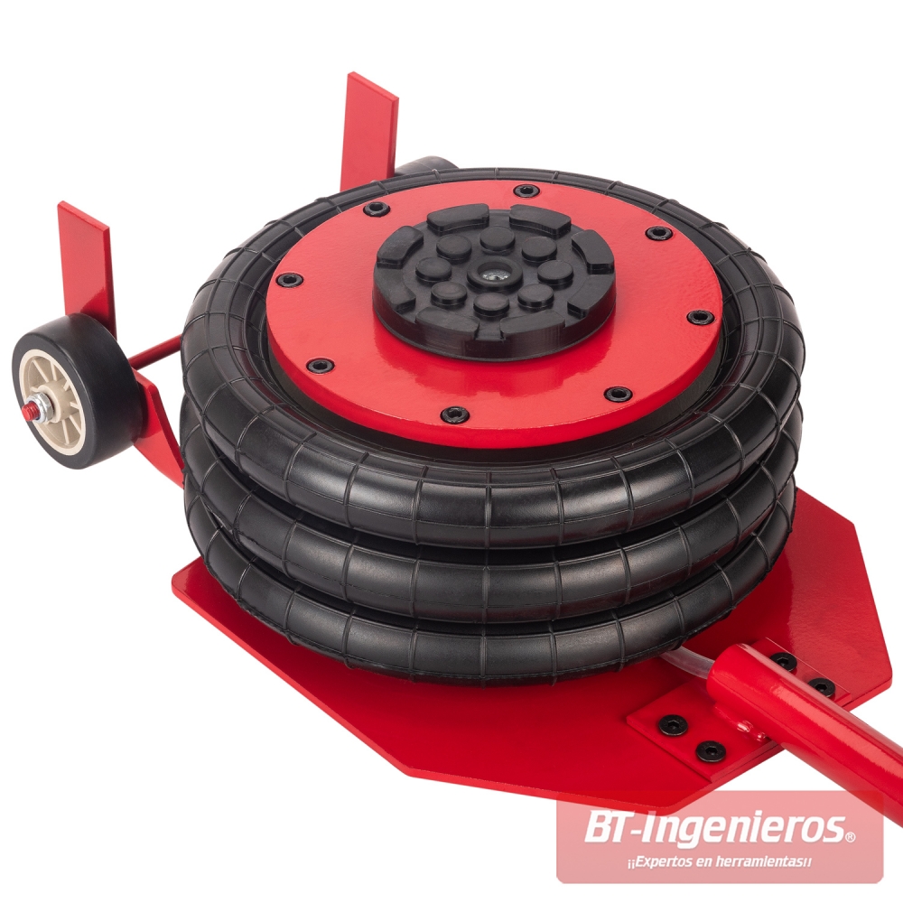 Vista inferior del gato neumático con triple airbag y base metálica estable.