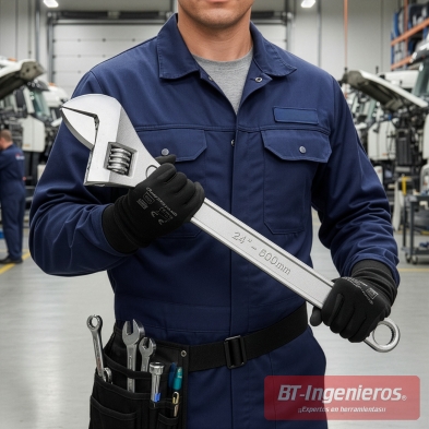 Mecánico en taller sosteniendo llave inglesa ajustable profesional 24" (600 mm) de boca ancha