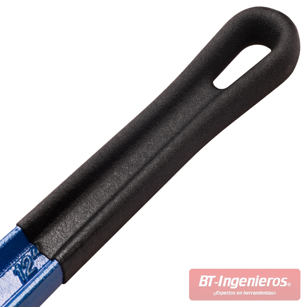Detalle del mango antideslizante ergonómico de la llave Stillson azul 300 mm