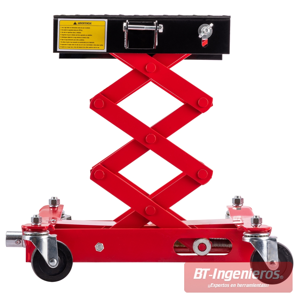 Detalle lateral del gato tipo tijera GTS020 con correa de fijación de seguridad