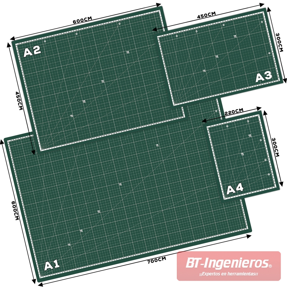 Dimensiones de las bases de corte multicapa A1, A2, A3 y A4 con medidas detalladas