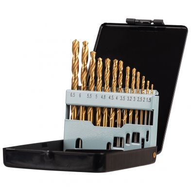 Brocas HSS con recubrimiento de titanio vistas de cerca con acabado dorado TiN