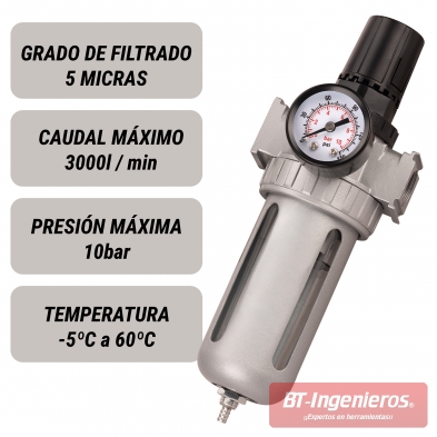 Especificaciones del filtro regulador 10 bar, 5 micras, 3000 l/min