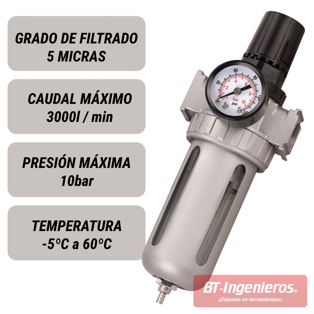 Especificaciones del filtro regulador 10 bar, 5 micras, 3000 l/min