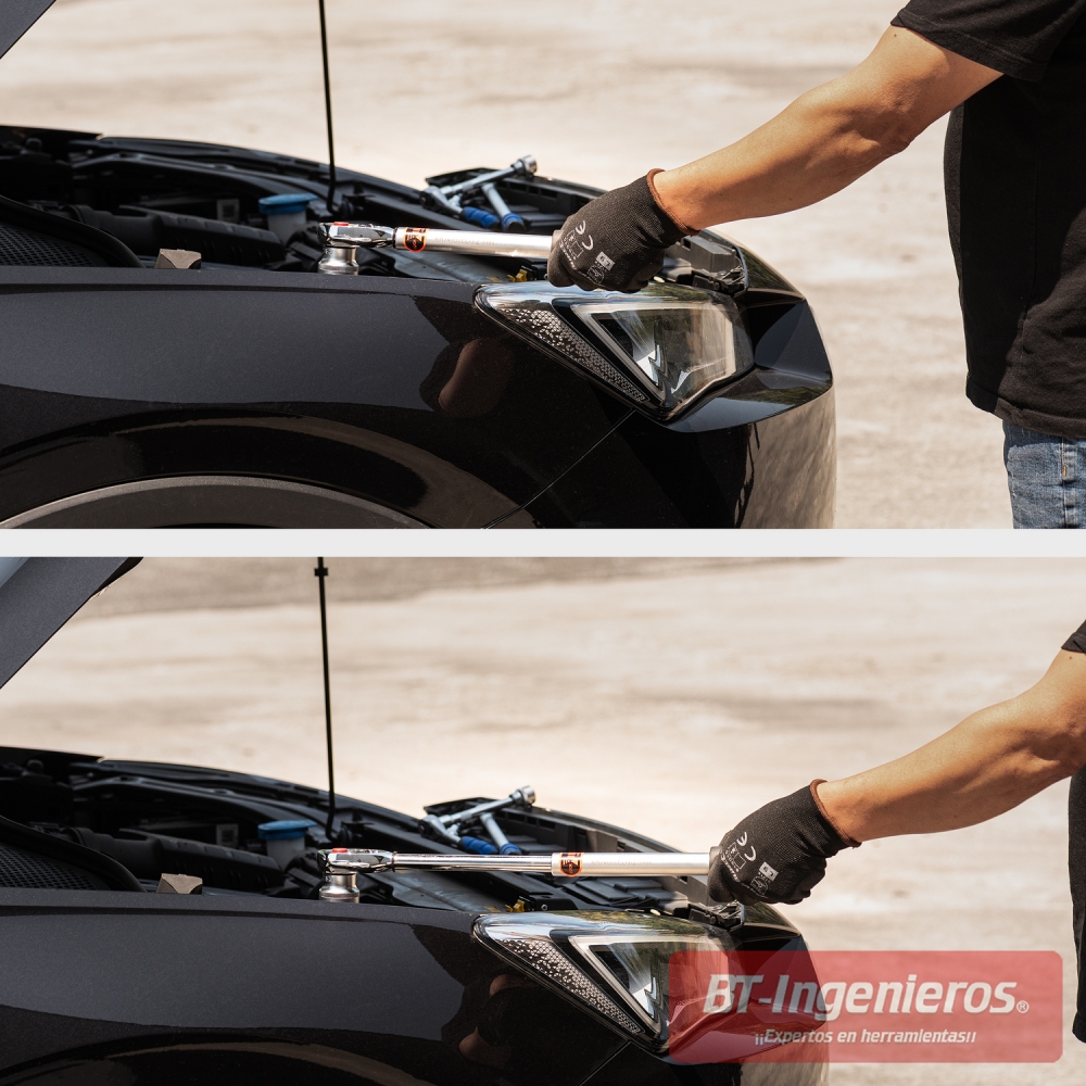 Carraca profesional 1/2" usada en motor de vehículo, ideal para automoción