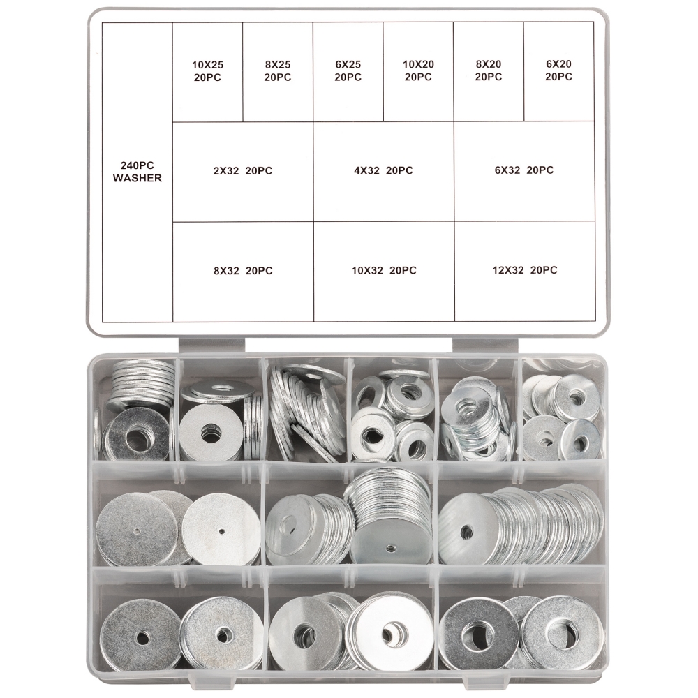 Caja organizadora con surtido de 240 arandelas planas grandes tipo penny washers