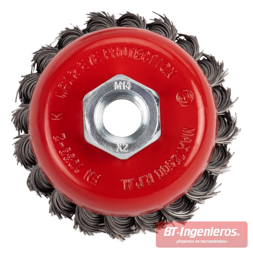 Cepillo de acero trenzado tipo copa con rosca M14 y cuerpo rojo
