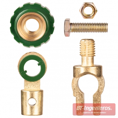 Componentes del desconectador de batería 12–24 V desmontados: tuerca, tornillo y piezas internas