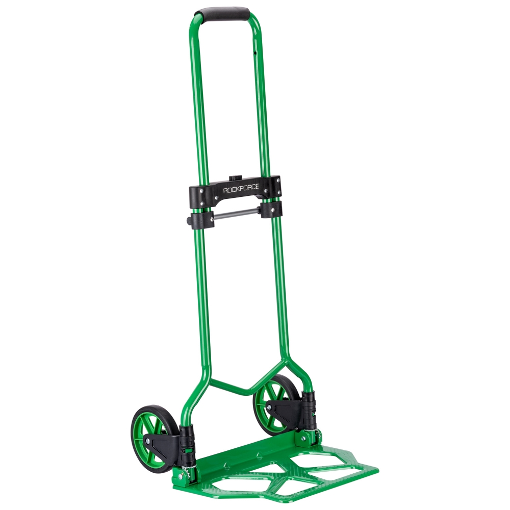 Carro de mano plegable verde con ruedas grandes y estructura metálica Rockforce
