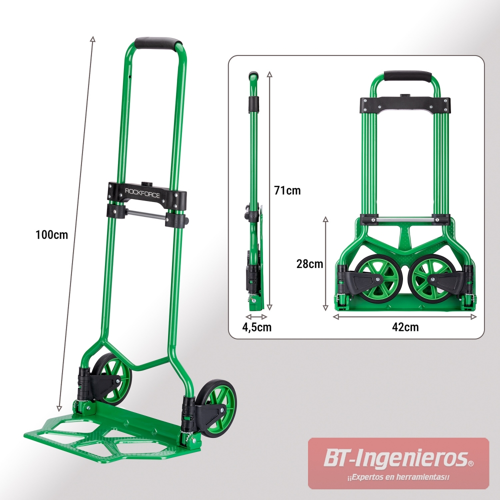 Carro plegable de carga con medidas y dimensiones detalladas