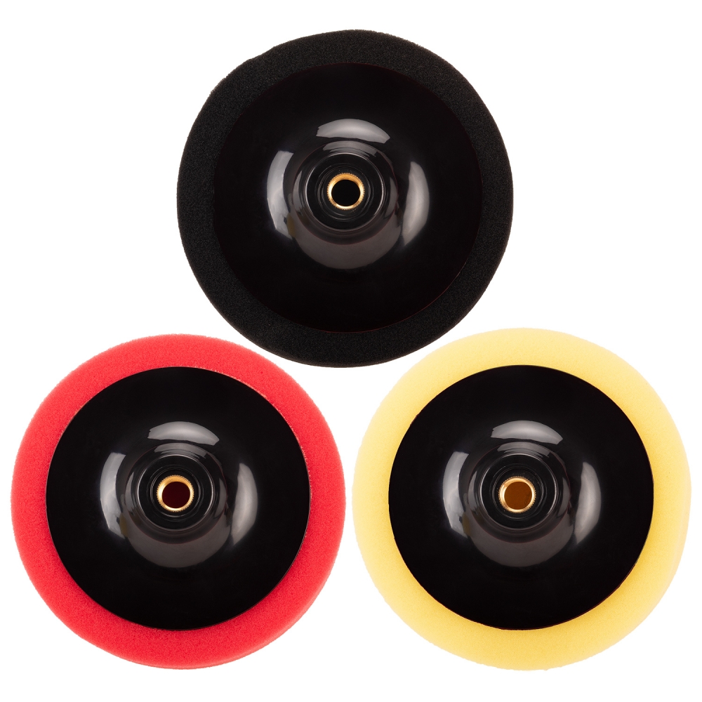 Set de tres esponjas de pulido 150 mm con colores rojo, amarillo y negro vista superior