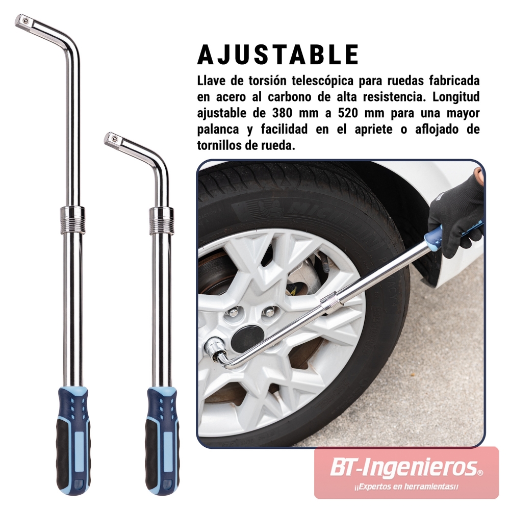 Llave telescópica ajustable para ruedas mostrando uso en coche