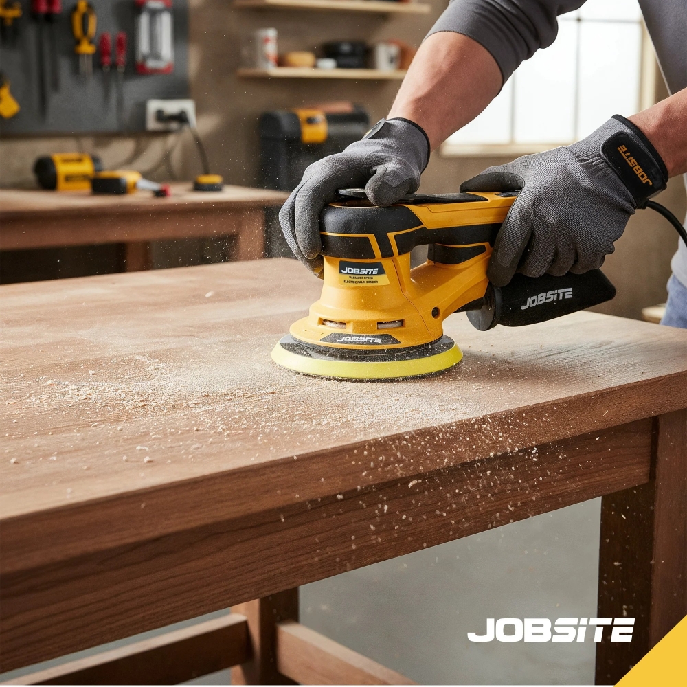 Uso de lijadora orbital Jobsite en carpintería, lijando superficie de madera.