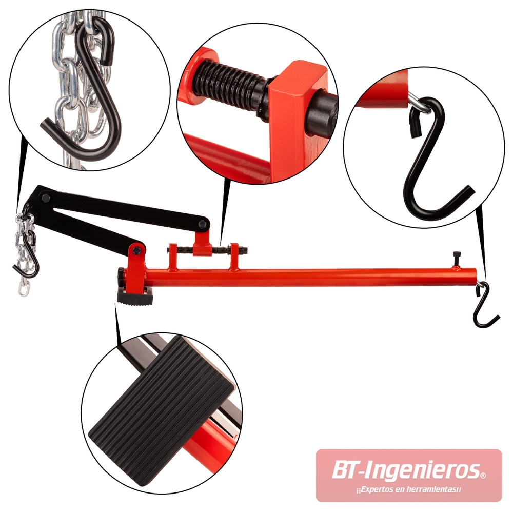 Detalles de los componentes de la palanca universal para suspensión: gancho, tornillo y cadena.