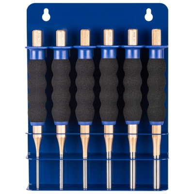 Juego completo de seis botadores largos con soporte metálico azul.