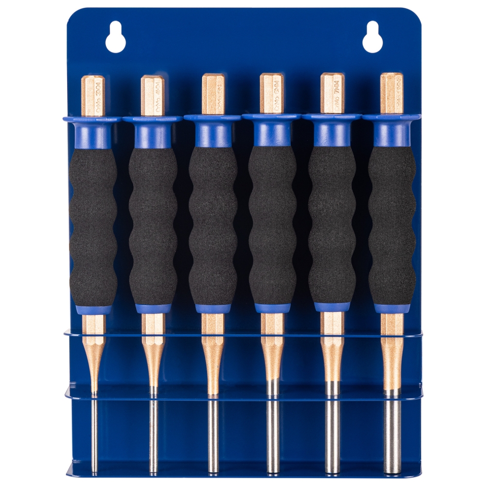 Juego completo de seis botadores largos con soporte metálico azul.