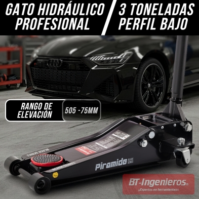 Gato hidráulico perfil bajo 3T Piramide Black Series con rango de elevación 75 a 505 mm