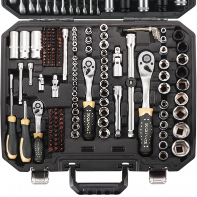 Vista completa del maletín Rockforce 216 piezas con carracas y vasos organizados