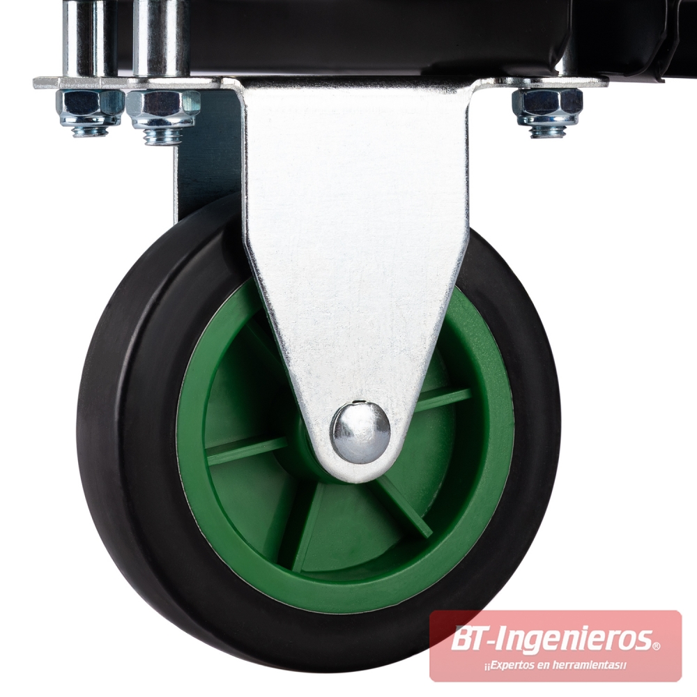 BT Ingenieros detalle rueda verde y esquina reforzada del carro plegable