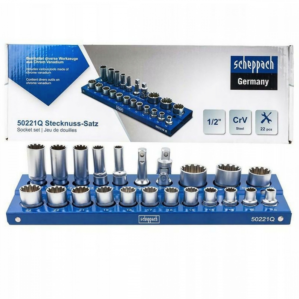 Juego de vasos multicara 1/2 pulgadas Scheppach 22 piezas 10 a 32 mm