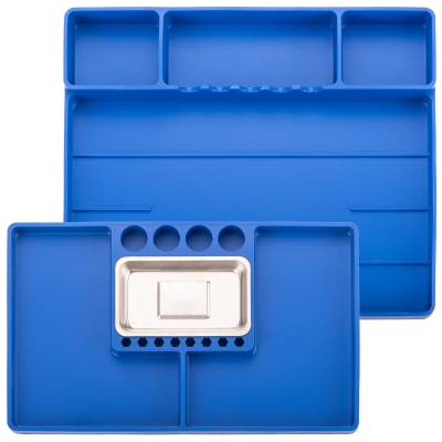 Bandejas organizadora de silicona azul con cubeta magnética para taller.